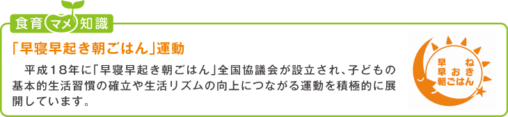 食育豆知識:「早寝早起き朝ごはん」運動
平成18年に「早寝早起き朝ごはん」全国協議会が設立され、子どもの基本的生活習慣の確立や生活リズムの向
上につながる運動を積極的に展開しています。