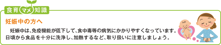食育豆知識:妊娠中の方へ
妊娠中は、免疫機能が低下して、食中毒等の病気にかかりやすくなっています。日頃から食品を十分に洗浄し、加熱するなど、取り扱いに
注意しましょう。