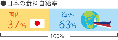 日本の食料自給率のグラフ。内容は以下。国内38%　海外62%