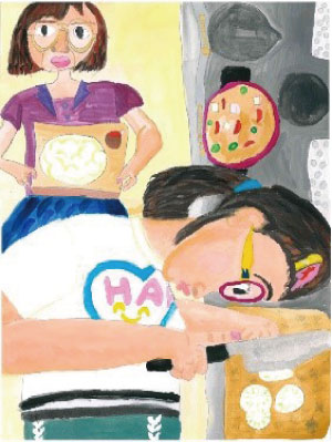 「第4回全国子ども和食王選手権」（和食お絵かき部門）全国総合金賞受賞作品「おばあちゃんとつくった　きょうどりょうり」（写真）