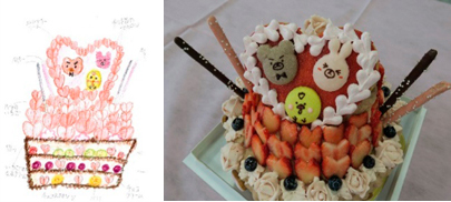 「ドリームケーキプロジェクト」で子供がデザインしたケーキのイラストと、実際に学生が製作したケーキ