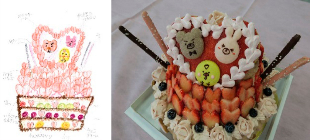「ドリームケーキプロジェクト」で子供がデザインしたケーキのイラストと、実際に学生が製作したケーキ