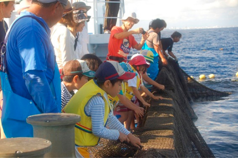 定置網漁業体験をする子供たち