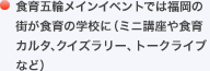 食育五輪メインイベントでは福岡の街が食育の学校に（ミニ講座や食育カルタ、クイズラリー、トークライブなど）