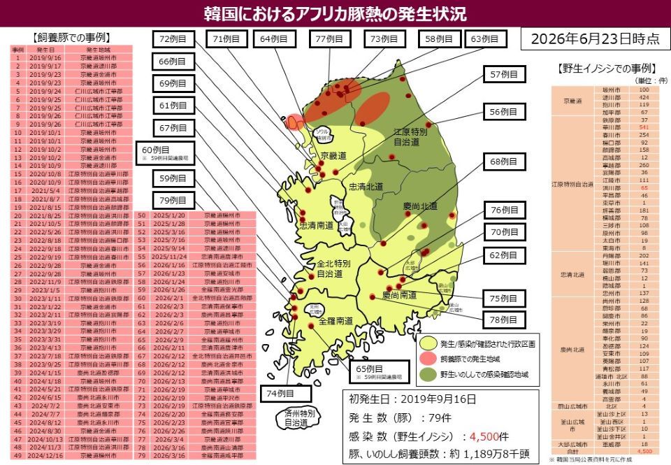 韓国におけるアフリカ豚熱の発生状況を示す地図。2026年6月23日時点で豚79例、野生イノシシ4,500頭の感染を色分けで表示