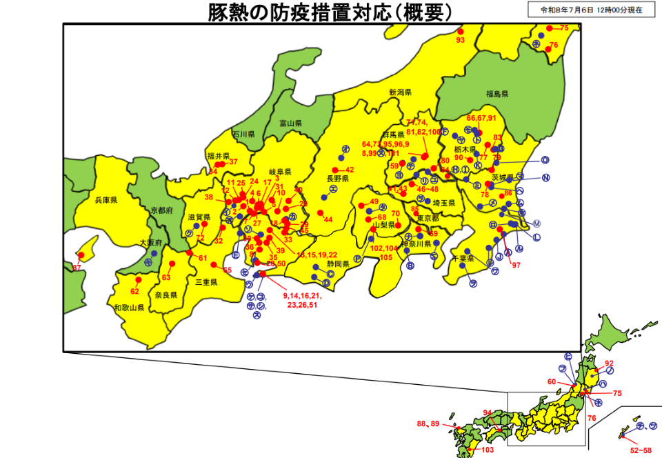 令和8年5月19日12時現在における、豚熱（CSF）の防疫措置対応状況を示す日本地図
