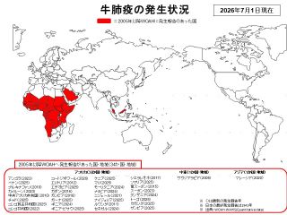 世界における牛肺疫の発生状況（2026年7月1日現在）。2005年以降発生のあった国は赤色に塗られており、国名の横に最新の発生日が記載されている。