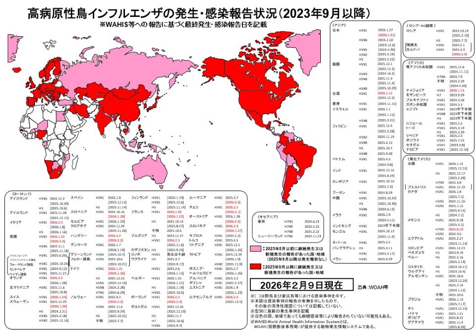 高病原性鳥インフルエンザの発生・感染報告状況（2026年2月9日現在）