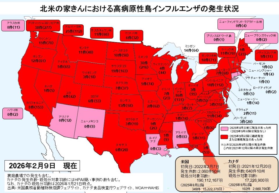 北米の家きんにおける高病原性鳥インフルエンザの発生状況（2026年2月9日時点）