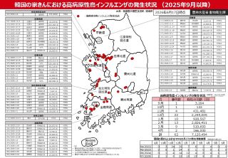 韓国の家きんにおける高病原性鳥インフルエンザ発生状況（2025年9月以降）（2026年6月17日時点）発生地点に赤点が振られており、発生件数が集計されている。