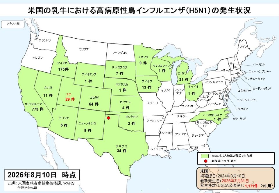 米国における乳牛の高病原性鳥インフルエンザH5N1の州別発生件数を示す地図（2026年8月10日現在）