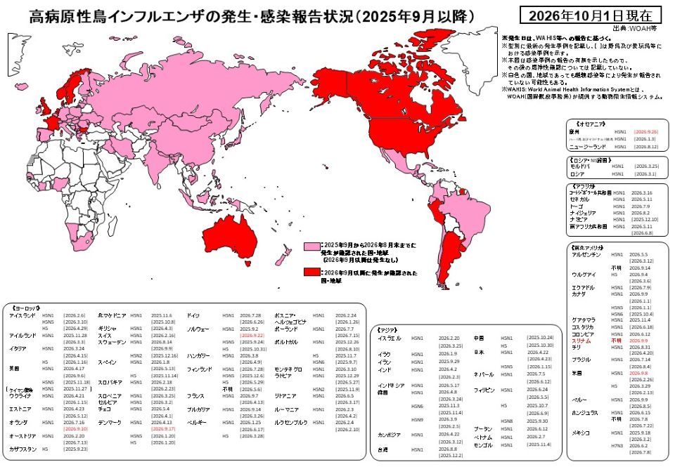高病原性鳥インフルエンザの発生・感染報告状況（2025年9月以降、2026年10月1日現在）を示す世界地図に、国・地域別の最新発生日とウイルス型を記載した詳細版。