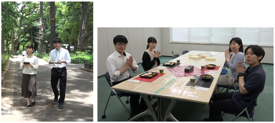 二人でお弁当を運んでいる画像 四人で着席してお弁当を前に手を合わせている画像。