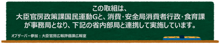 この取組は、大臣官房政策課国民運動グループと、消費・安全局消費者行政・食育課が事務局となり、下記の省内部局と連携して実施しています。オブザーバー参加大臣官房広報評価課広報室