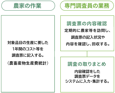 農家の作業：1年間の営農状況を調査票に記入する（営農類型別経営統計）。対象品目の生産に要した1年間のコスト等を調査票に記入する（農産物生産費統計）。　専門調査員の業務：調査票の内容確認。定期的に農家等を訪問し、調査票の記入状況や内容を確認し、回収する。　調査の取りまとめ：内容確認をした調査票データをシステムに入力・集計する。
