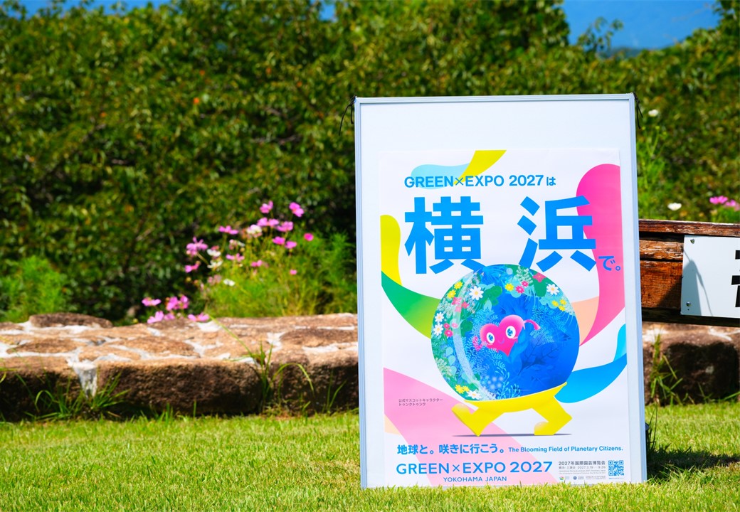 コスモスをバックに園芸博ポスターの写真