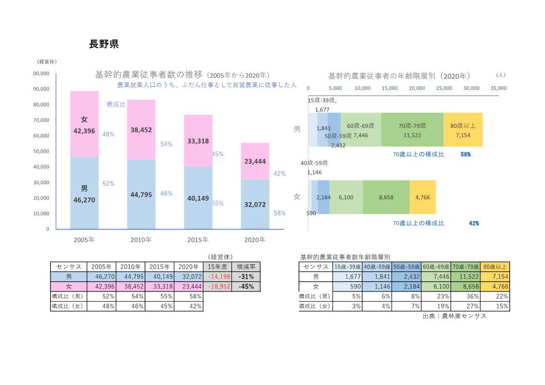 基幹的農業従事者数の推移（長野県）