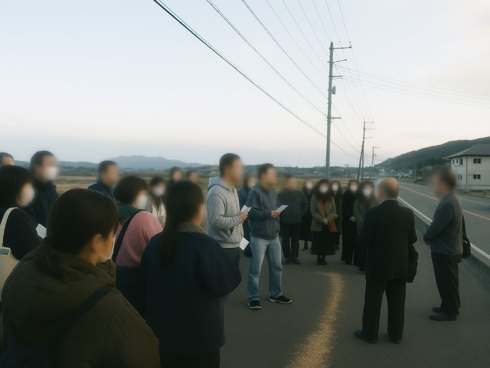 韮崎市旭地区ほ場整備実施地区で参加者が担当者の説明を聞く様子