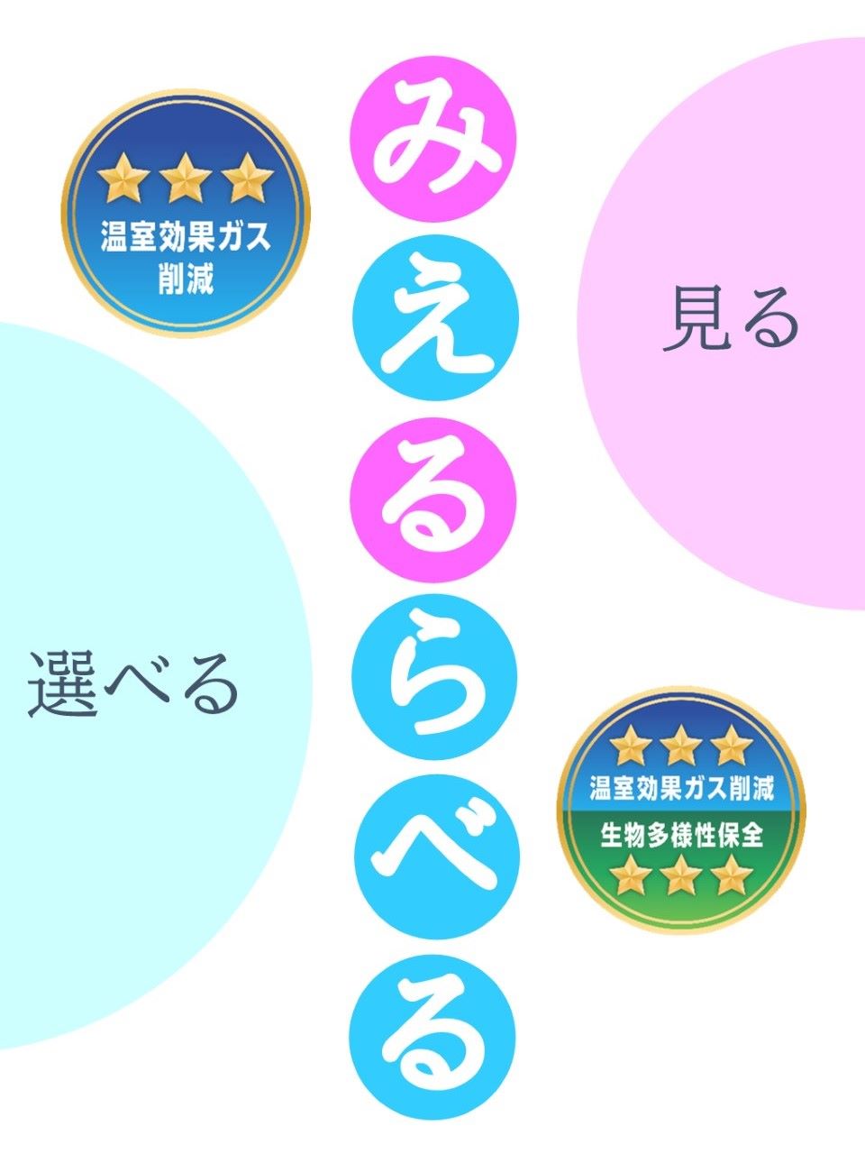 「みえるらべる」のロゴと環境負荷低減の取組を星の数で示す評価ラベル