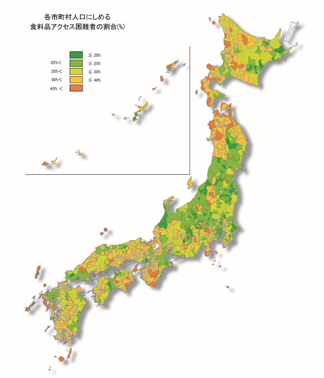 「食料品アクセスマップ」の画面。各市町村人口にしめる食料品アクセス困難者の割合(%)を表示。