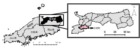 鳥取県と日野町の場所を示す地図。日野町は鳥取県の西側に位置している。